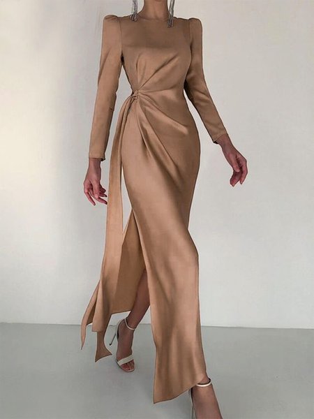 

Elegant Plain Satin Crew Neck Long sleeve Dress, Khaki, Maxi Dresses