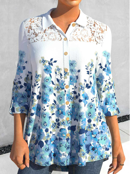 

Floral Lace Casual Shirt Collar Blouse, Blue, Shirts & Blouses