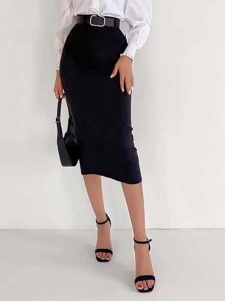 

High Elasticity Tight Urban Plain Midi Skirt, Black, Skirts