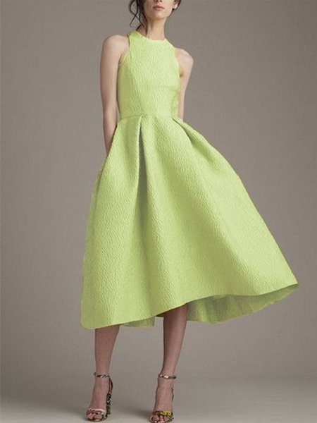 

Regular Fit Plain Crew Neck Elegant Party Dress, Green, Midi Dresses