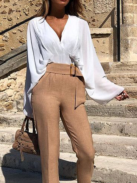

Plain V Neck Long sleeve Urban Loose Blouse, White, Blouses and Shirts