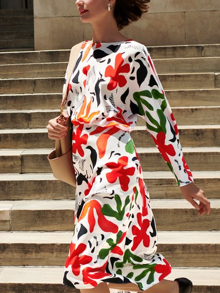 

Crew Neck Elegant Floral Long sleeve Dress, Flower, Midi Dresses