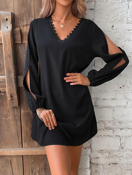 

Plain Urban V Neck Loose Dress, Black, Dresses