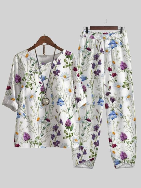 

Floral Crew Neck Regular Fit Casual Two-Piece Set, White, Suit Set