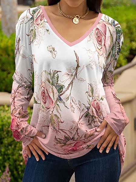 

Casual Regular Fit V Neck Floral T-Shirt, Pink, T-Shirts