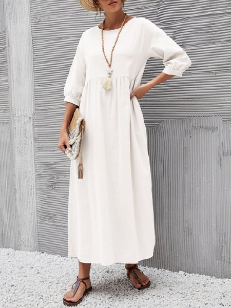 

Linen Crew Neck Plain Boho Dress, White, Dresses