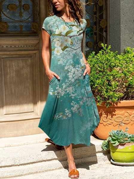 

Crew Neck Casual Knitted Floral Dress, Blue, Dresses