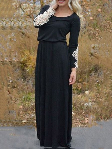 

Plain Casual Lace Crew Neck Dress, Black, Dresses