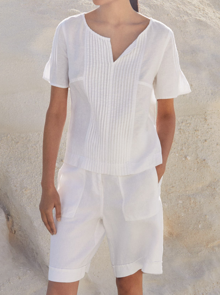 

V Neck Plain Casual Two-Piece Set, White, Suits