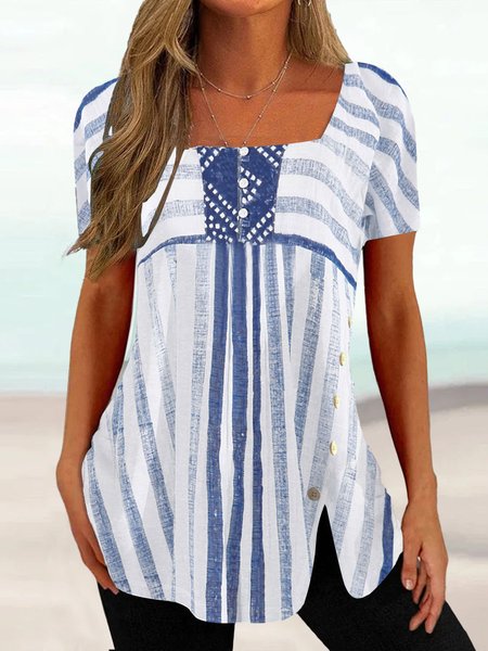

Regular Fit Casual Square Neck Striped Top, Blue, Shirts & Blouses