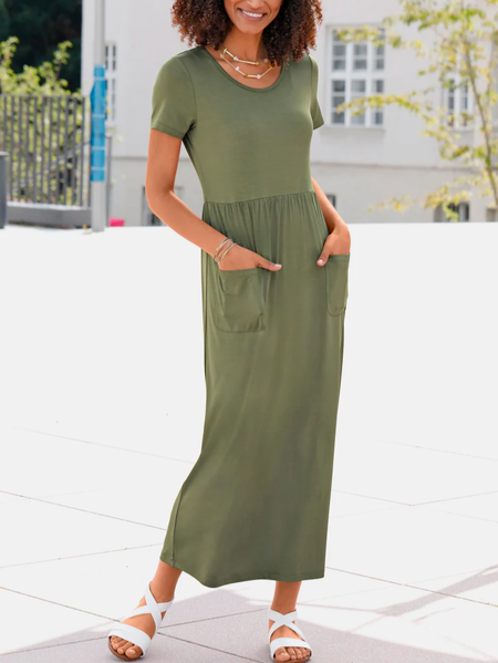

Crew Neck Plain Loose Casual Dress, Green, Dresses