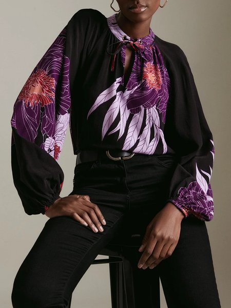 

Floral Crew Neck Loose Elegant Blouse, Black, Blouses and Shirts