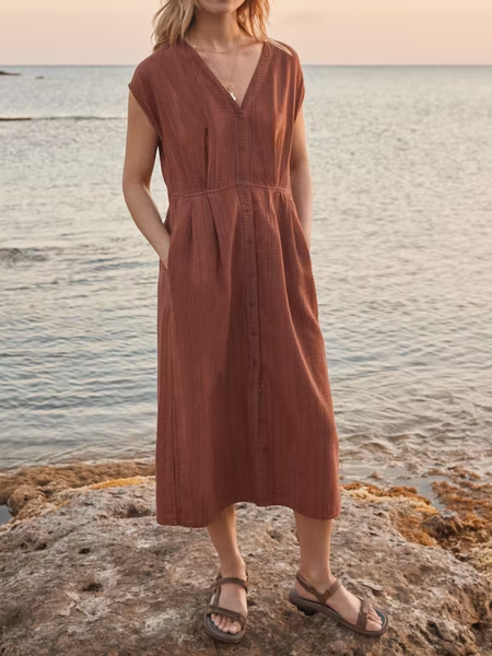 

Casual Plain Cotton-Blend Loose Dress, Coffee, Midi Dresses