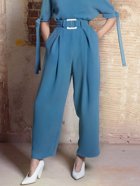 

Simple Plain Loose Fashion High Waist Pants, Blue, Pants