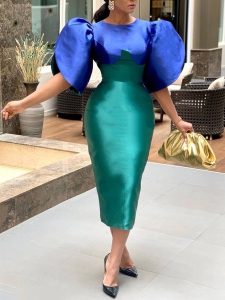 

Elegant Regular Fit Crew Neck Color Block Dress, Blue, Midi Dresses