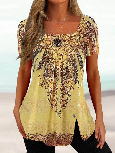 

Square Neck Ethnic Ombre Regular Fit Top, Yellow, Shirts & Blouses