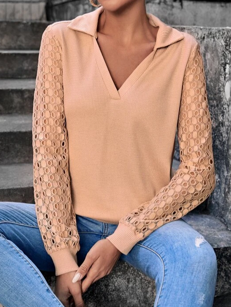 

Loose Plain Casual Cotton-Blend Top, Khaki, Blouses & Shirts