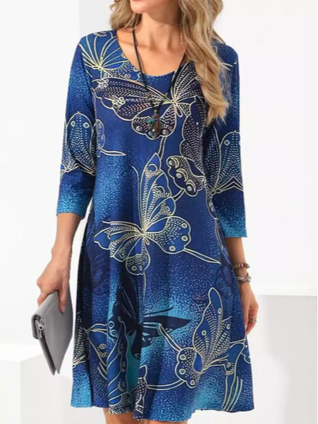 

Butterfly Boho Crew Neck Dress, Blue, Dresses