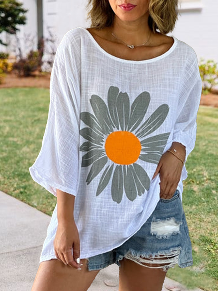

Floral Crew Neck Loose Casual Top, White, Tops