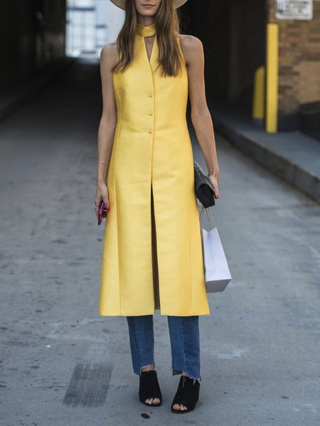 

Half Turtleneck Regular Fit Elegant Plain Top, Yellow, Vests and Gilets
