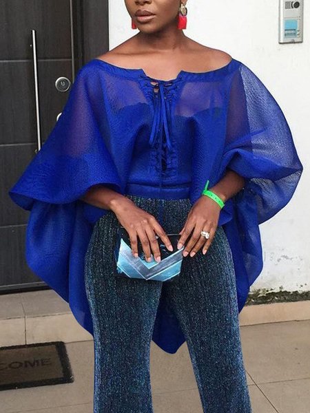 

Plain Lantern Sleeve Urban Loose Blouse, Blue, Blouses and Shirts