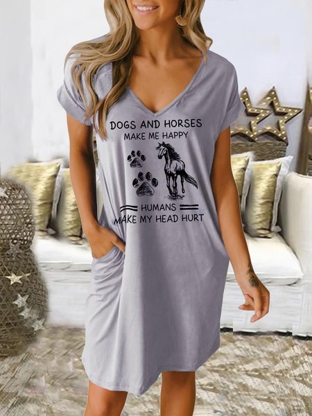 

Casual V Neck Loose Text Letters Dress, Gray, Dresses