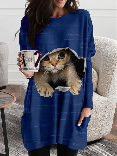 

Casual Cat Crew Neck Loose Dress, Blue, Dresses