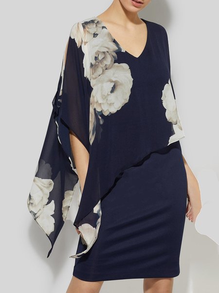 

Floral Regular Fit Elegant V Neck Dress, Blue, Midi Dresses