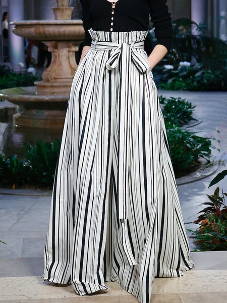 

Striped Loose Urban Fashion High Waist Pants, White, Pants