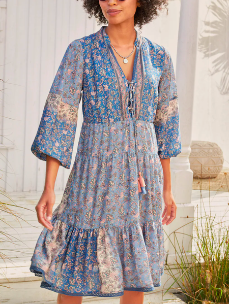 

V Neck Loose Boho Color Block Dress, Multicolor, Dresses