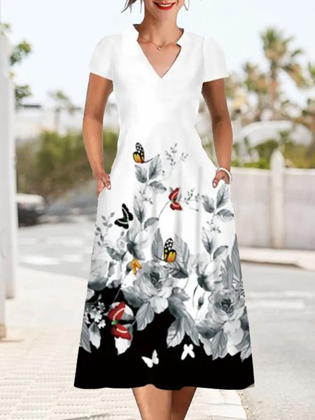 

Regular Fit V Neck Floral Elegant Dress, White, Dresses