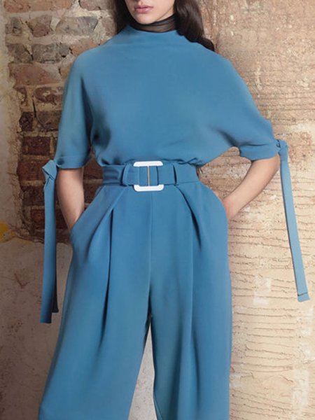 

Crew Neck Loose Simple Plain Blouse, Blue, Blouses and Shirts