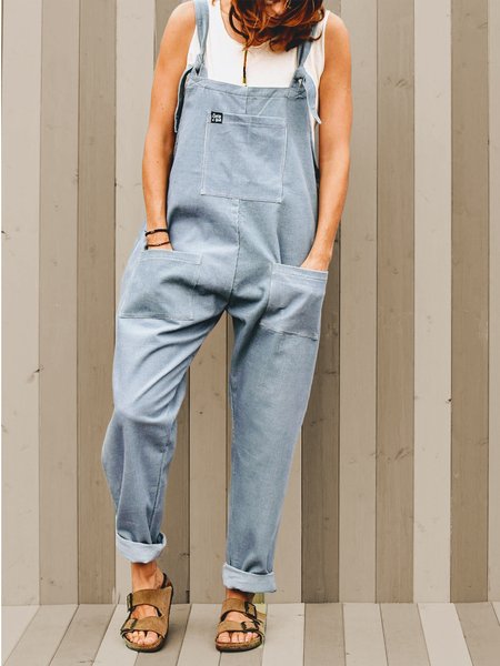 

Plain Loose Casual Square Neck Jumpsuit & Romper, Blue, Jumpsuits＆Rompers