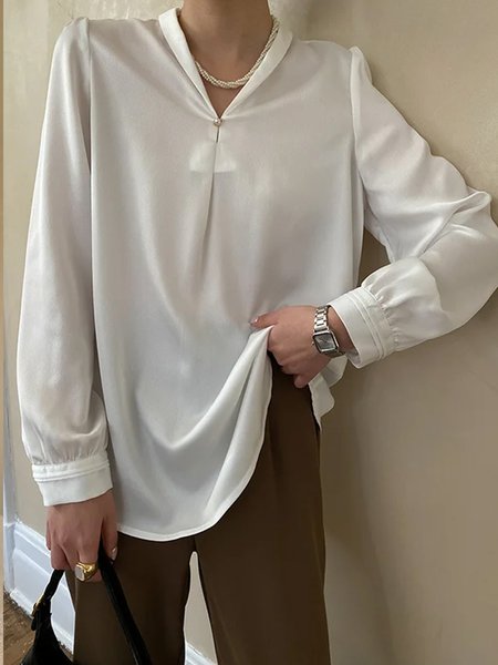 

Long sleeve Shawl Collar Regular Fit Elegant Plain Blouse, White, Blouses and Shirts