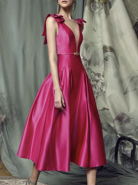 Daily Midi Elegant Crew Neck Plain Party Dress, Rose red, Midi Dresses