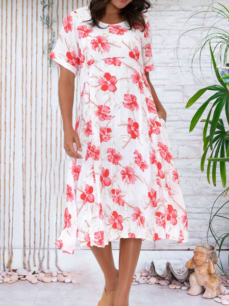 

Crew Neck Casual Floral Regular Fit Dress, White, Dresses