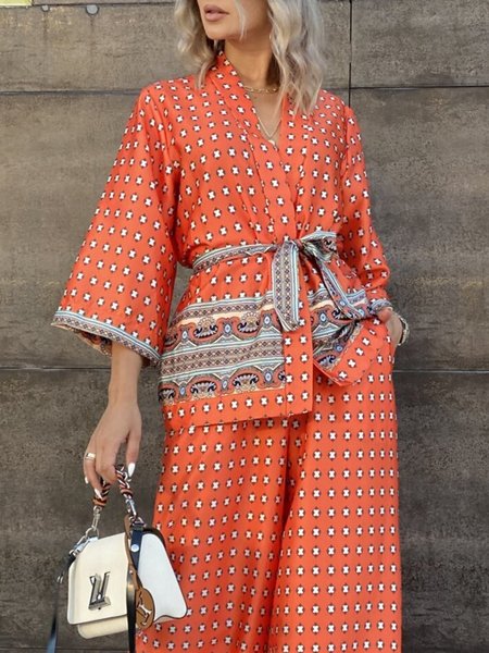 

Long sleeve Vacation Ethnic Loose Blouse, Orange red, Blouses and Shirts