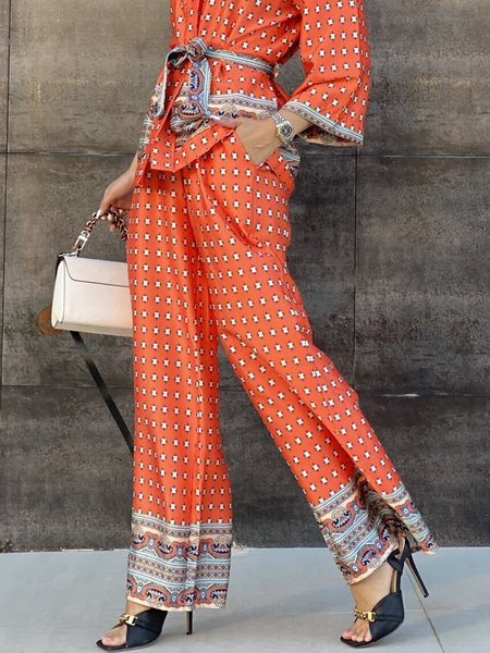 

Vacation Loose Ethnic Casual Straight Pants, Orange red, Pants