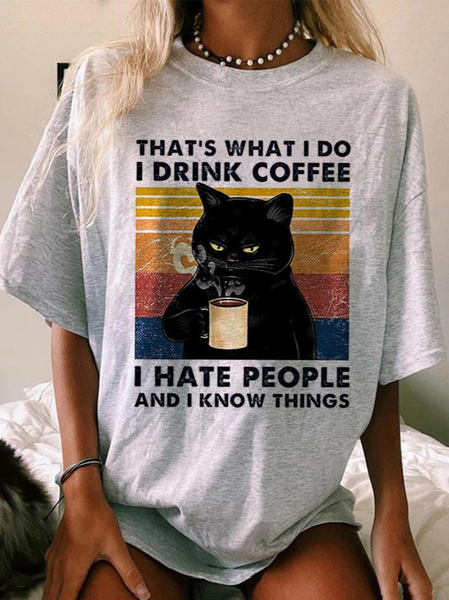 

Crew Neck Cat Casual T-Shirt, Multicolor, T-Shirts