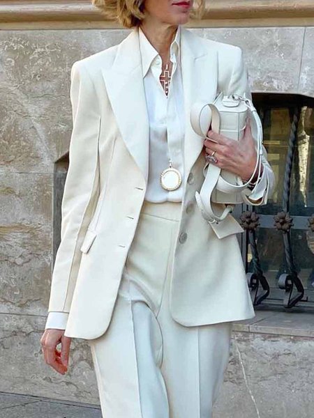 

Lapel Collar Regular Fit Urban Plain Blazer, White, Blazers