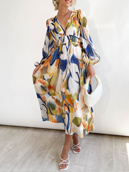 

Vacation Floral Print Long Sleeve V Neck Dress, Blue, Midi Dresses