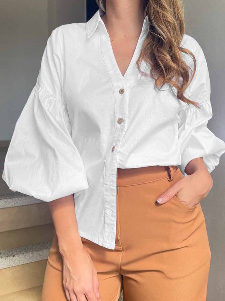 

Plain Shirt Collar Loose Urban Blouse, White, Blouses and Shirts