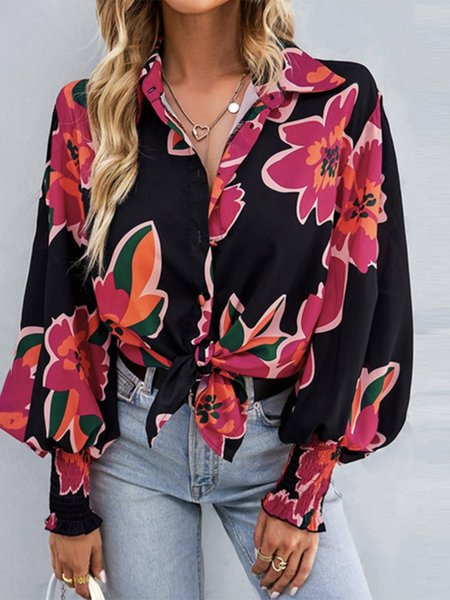 

Shirt Collar Vacation Floral Long Sleeve Loosen Blouse, Deep pink, Blouses and Shirts