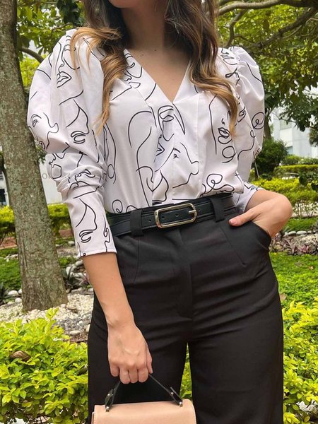

Abstract Print V Neck Loose Urban Blouse, White, Blouses and Shirts