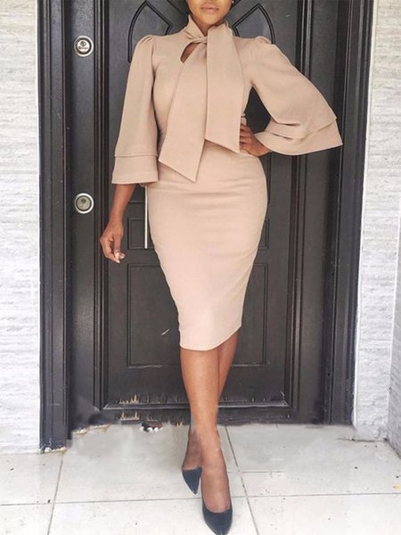 

Tight Stand Collar Elegant Plain Three Quarter Midi Dress, Apricot, Midi Dresses