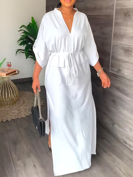 

Plain V Neck Drawstring Three Quarter Dress, White, Maxi Dresses