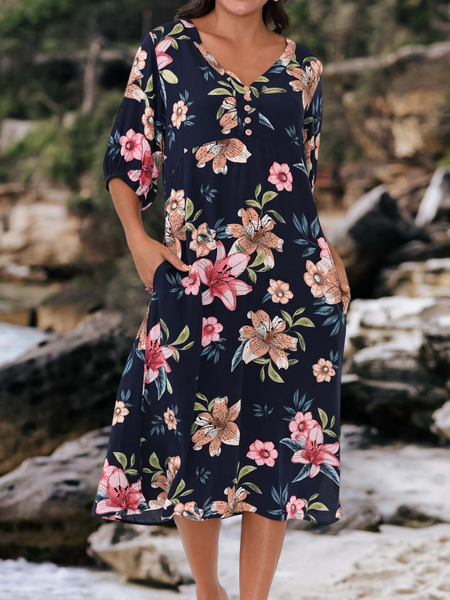 

Floral Regular Fit Boho V Neck Dress, Multicolor, Dresses