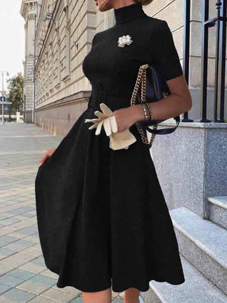 

Elegant Stand Collar Regular Fit Plain Dress, Black, Midi Dresses