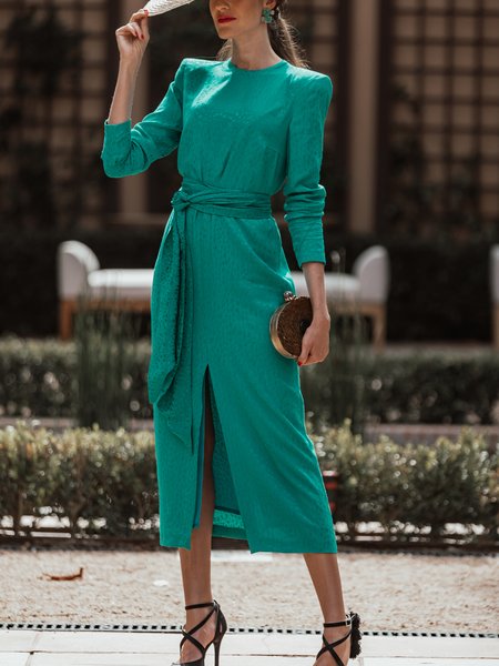

Regular Fit Crew Neck Elegant Long sleeve No Elasticity Dress, Green, Maxi Dresses