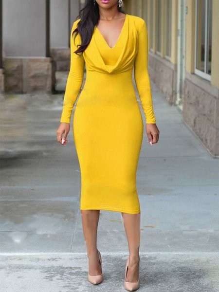 

V Neck Plain Tight Elegant Long sleeve Dress, Yellow, Midi Dresses